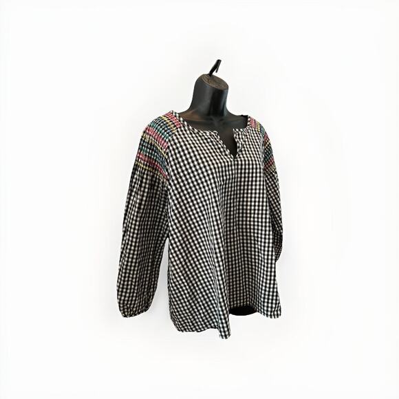 Madewell Top Blouse Shirt Black/White Check Gingham Smocked Embroidery 2XL Women - Picture 1 of 10